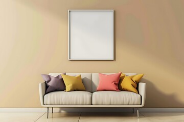 Modern sleek area with one sofa, a white frame mockup on a beige wall, and vibrant pops of color.