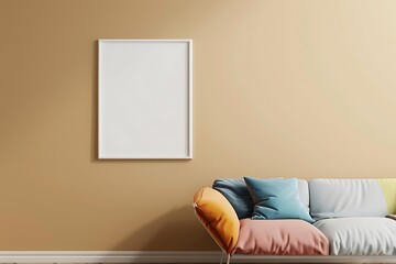 Sleek living area with one sofa, an empty white frame on a beige wall, and splashes of vibrant colors.