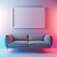 Modern lounge with a sofa, a frame on a colored wall, and vivid shades.