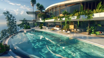 A futuristic home with a curved roofline, floor-to-ceiling windows, and a rooftop garden terrace overlooking a crystal-clear swimming pool.