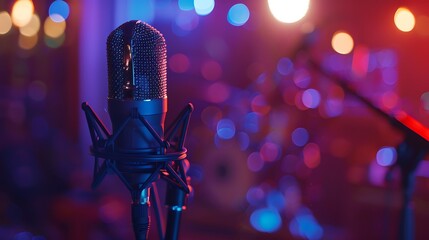 Professional Studio Microphone set up for a live recording session with blurry lights in the background.