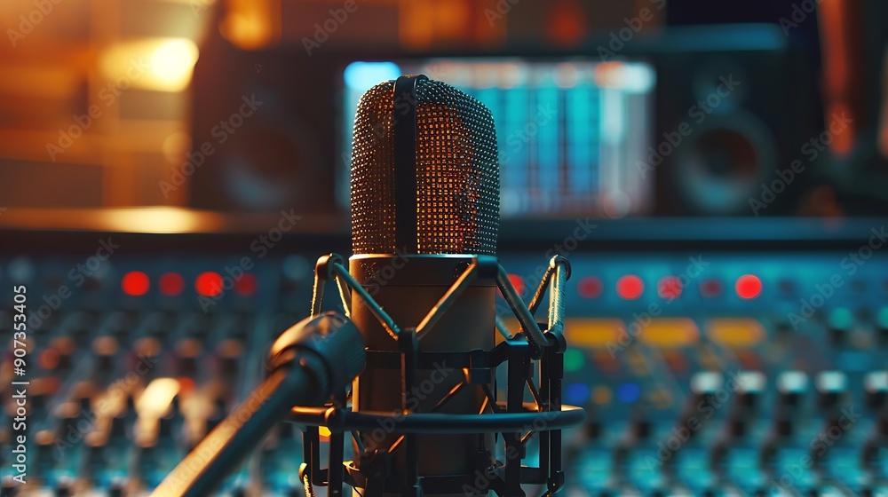 Aufkleber close up of a microphone in a recording studio with a soundboard in the background.