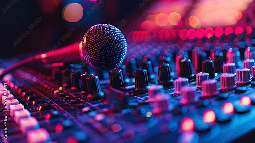 Aufkleber close up of a microphone on top of an audio mixer, the setting is a performance venue with red and b