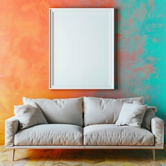 A single sofa in a simple living space with a blank white frame on a harmoniously painted wall, accented by bright hues.