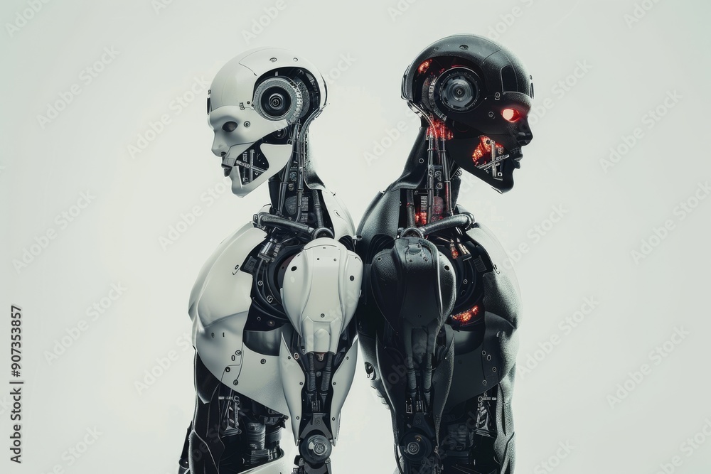 Poster image of two robots standing together, with the phrase 