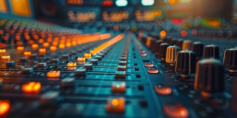 Obraz premium Audio Mixing Console in a Recording Studio Setting, the Heart of Sound Engineering and Music Production