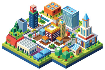 Isometric Illustration of a Modern Cityscape with Buildings, Trees, and a Street
