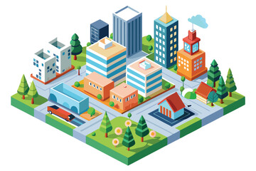 Isometric Illustration of a Cityscape with Buildings, Trees, and a Truck