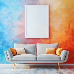 A minimalist living area featuring a single couch, an empty white frame on a smoothly colored wall, and a pop of vivid colors.