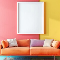 An understated living room with one sofa, a plain white frame on a perfectly colored wall, and a splash of lively colors.