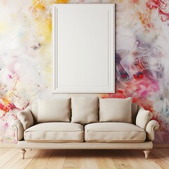 Elegant room with a sofa, an empty frame on a seamless wall, and splashes of bright colors.