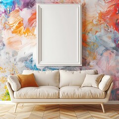 Modern and simple space with a sofa, an empty frame on a seamless wall, and pops of color.