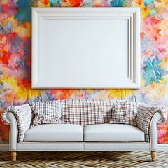 Modern area with a sofa, a blank frame on a colored wall, and bright tones.