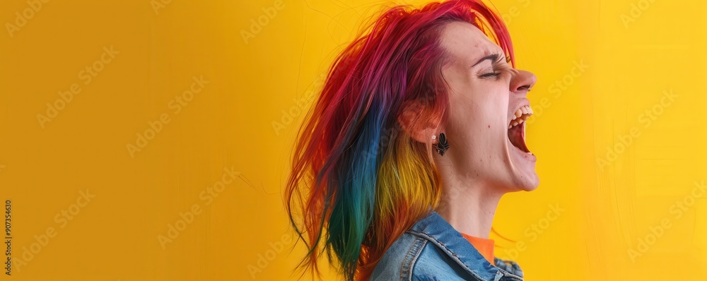 Wall mural Woman with colorful hair shouting against an colorfull background. Free copy space for text.