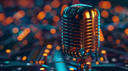 Close up shot of a vintage microphone with bokeh lights in the background, evoking a sense of nostalgia and music.