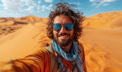 A joyful male tourist is taking a selfie on the sand dunes of the Sahara Desert in Africa, an influencer and travel blogger relishing his summer vacation and weekend adventures with a self-portrait.