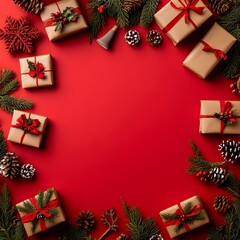 Creative Christmas Flat Lay Collage with Vibrant and Detailed Objects on Red Background