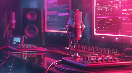 Close up of a vintage microphone in a music studio, surrounded by equipment and glowing red light.
