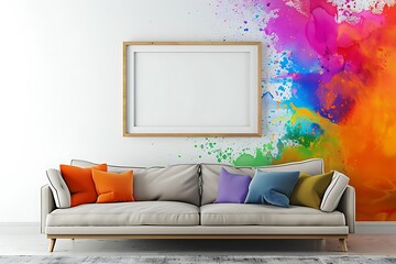 Refined Living Area with Sofa, White Frame on Ghost White Wall, and Bright Accents