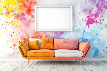 Minimalist Room with Sofa, White Frame on Lavender Blush Wall, and Color Accents