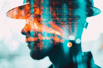 Double exposure of a welder's silhouette and torch light, overlaid with colorful abstract designs, highlighting the visual artistry of welding