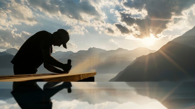 A carpenter working on wood, overlaid with abstract shapes and textures, blending the craftsmanship with creative visual elements