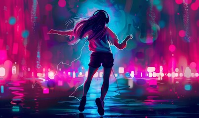 Dancing girl with headphones in neon light