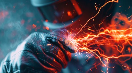 Double exposure of a welder at work, blending their figure with a scenic mountain landscape, sparks and light merging with natural beauty