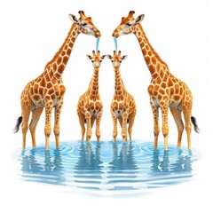 Obraz premium A family of giraffes standing in water, gently interacting, creating a serene and touching scene of wildlife companionship