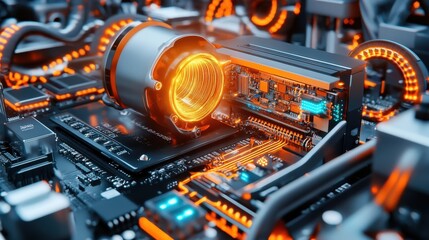 Tech Lab Equipment, Neon circuitry and components, High-tech workshop.