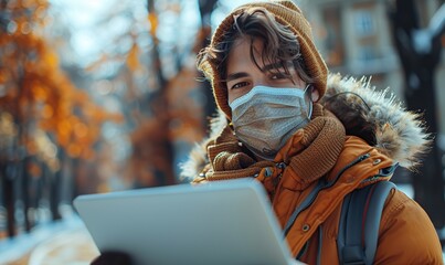 A happy male wearing a face mask is taking a selfie in the park while working on his laptop with wireless internet, a young school student engaged in online learning via computer.