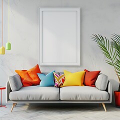 Sleek elegant room featuring a sofa, a blank frame on a seamless wall, and vibrant highlights.