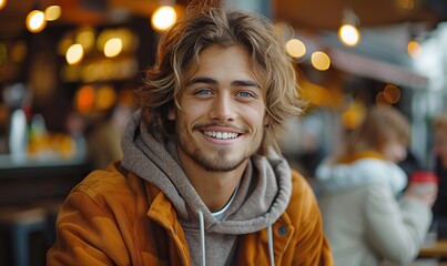 A content man is enjoying a cappuccino at a caf� bar, with young people having fun, meeting for a coffee break, students clinking cups and smiling in a college caf�, celebrating a happy lifestyle.