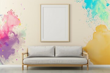 Elegant Minimalist Space with Sofa, White Frame on Ivory Wall, and Color Highlights