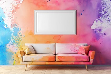 Refined Space with Sofa, White Frame on Ivory Wall, and Vivid Accents