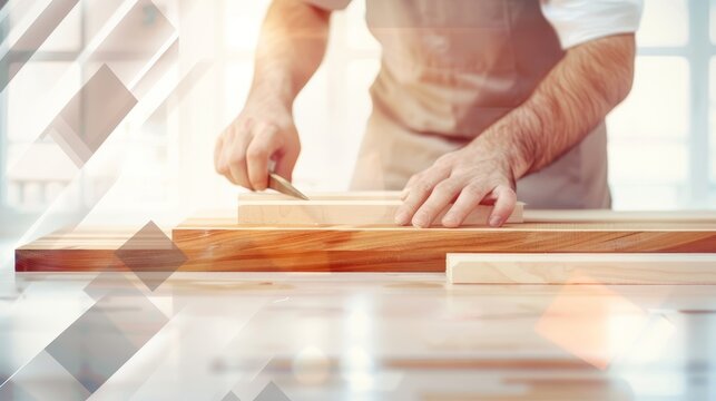 A carpenter working on wood, overlaid with abstract shapes and textures, blending the craftsmanship with creative visual elements