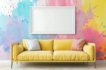 Sophisticated Room Featuring Sofa, White Frame on Ivory Backdrop, and Bold Colors