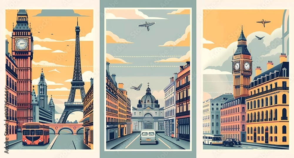 Poster set of three posters with different graphic elements for a travel company. the illustrations are in 
