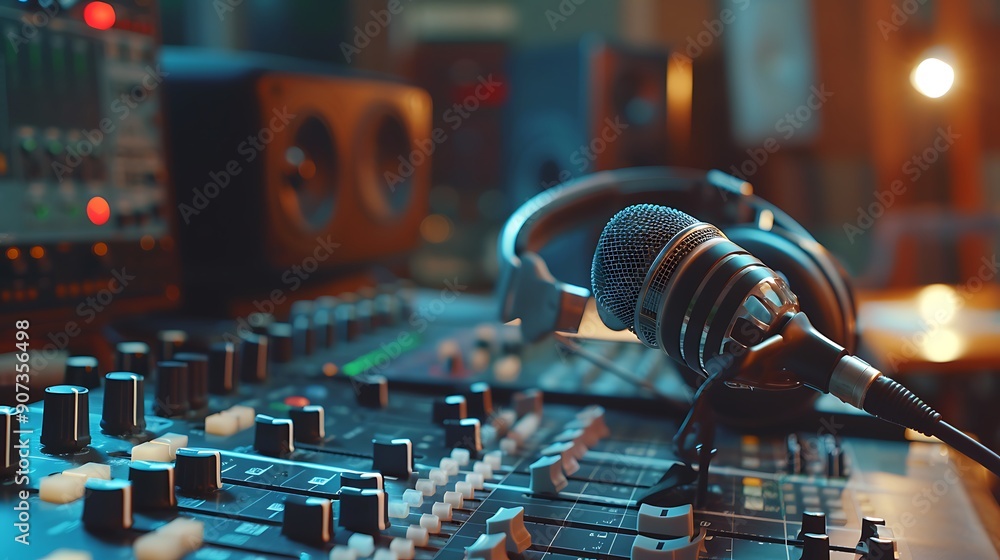 Poster close up of a professional studio microphone with headphones resting on a mixing console. it is a cl