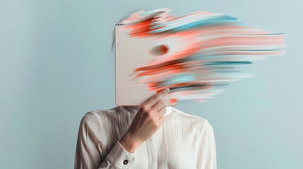 A critic holding a notepad, overlaid with abstract textures and colors, merging their thoughtful expression with creative, dynamic patterns