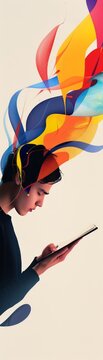 A critic deep in contemplation, holding a notepad, fused with abstract, energetic lines and colors, capturing the artistic process of critical thinking