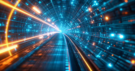 trails on the highway Digital data tunnel with blue lights and advanced technology in highspeed internet network