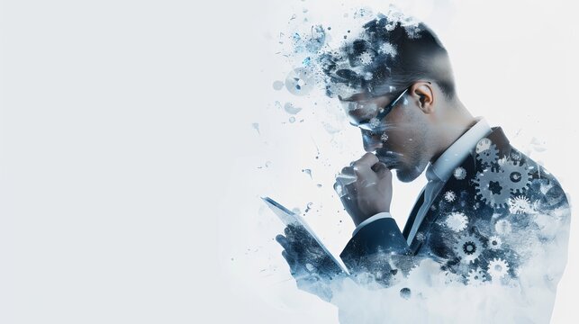 Director with a script in hand, double exposure with abstract elements like gears and clockwork, illustrating the mechanics of corporate planning