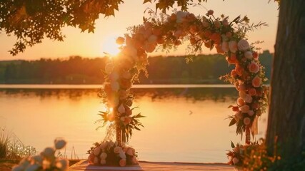 sunset wedding ceremony on the shore of a lake or river
