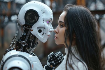 Fototapeta premium A woman and a robot gaze at each other in a high-tech environment, A robot and a human engaged in conversation, AI generated