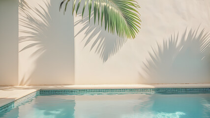 Tropical summer background. Inspirational swimming pool water and palm leaves shadow. Luxury hotel resort poolside scene. Beach pattern vacation tourism architecture design. AI generated