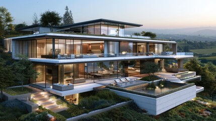 Fototapeta premium A luxurious modern villa with a terraced design, expansive glass walls, and multiple outdoor living spaces with views of a picturesque valley.