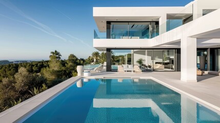 Fototapeta premium A luxurious modern villa with a white exterior, infinity pool, and floor-to-ceiling windows offering panoramic views of the surrounding landscape.