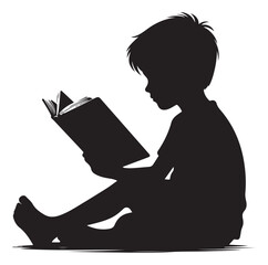 A child boy girl reading silhouette isolated on background.