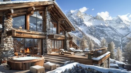 A luxurious mountain chalet with a combination of stone and wood, large windows, and a deck with a hot tub overlooking snowy peaks.
